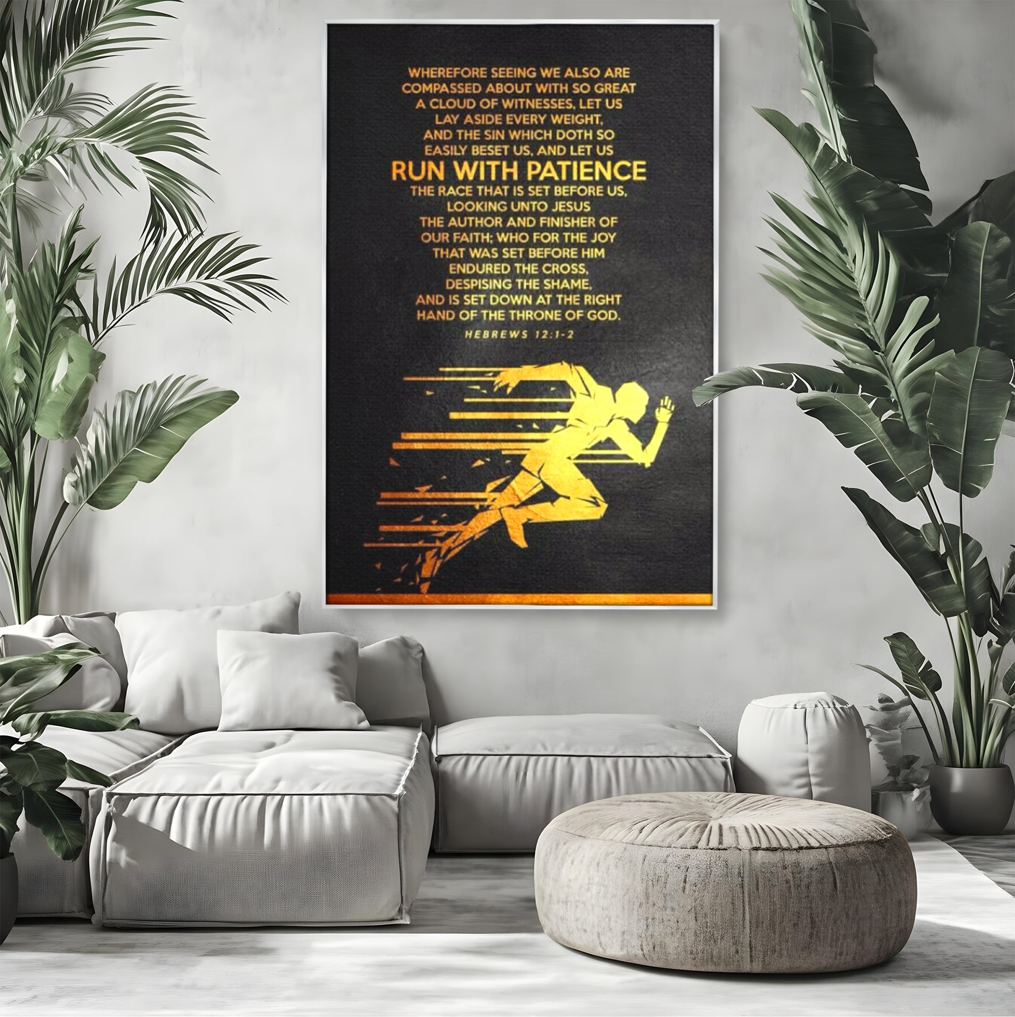Tablou canvas cu tablou canvas cu alergator si verset biblic, in rama de aluminiu argintiu, pe perete intr-un living